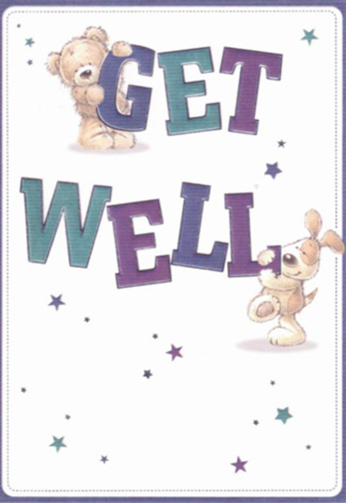 Overflowing with gentle cheer and encouragement, this illustrated get well card feels like a hug from a dear friend in Bounds Green. The composition features a bear and a puppy, each lovingly rendered with plush, tactile brushstrokes that recall the cozy warmth of local meeting spots or family strolls in Finsbury Park nearby. Dancing around them, playful star motifs add a sense of celebratory magic, while boldly shaded letters in rippling purples and aquas ground the message in hopeful reassurance. The detailed textures-the bear's soft fluff, the puppy's velvet ears-capture a sense of realness and care akin to an expertly arranged bouquet from a local florist. Imagining this card delivered alongside a bundle of fresh blooms from Florist Bounds Green brings forth an atmosphere of brightness and comfort. Its light-filled mood is perfect for lifting spirits and expressing support, no matter someone's age. Offering this card is like sending a whisper of hope, wrapped in the artistic spirit of the Bounds Green community.